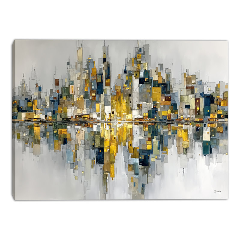 Art mural doré sur toile Golden Mirror City, H 30 po x l 40 po x P 1,5 po