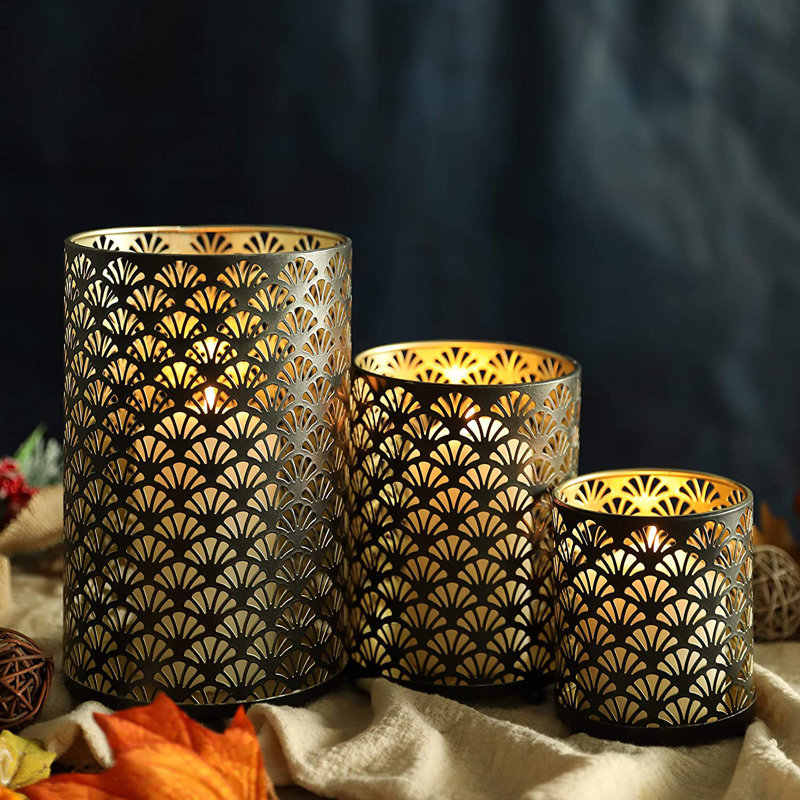 Bronze Set of 3 Metal Hurricane Candle Lanterns