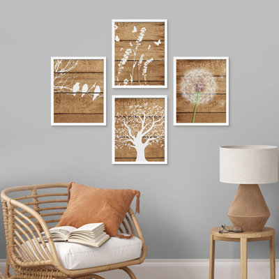 " Wood Panel Tree Dandelion Bird Nature Silhouettes " 4 - Pieces