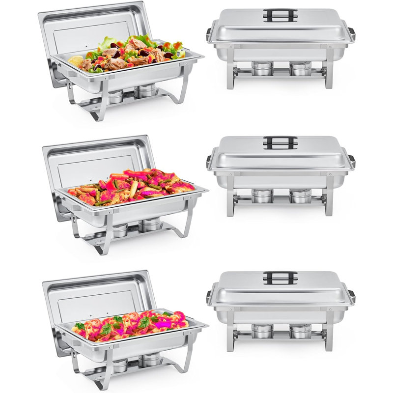 Ensemble de 6 chauffe-plats et chauffe-plat 8QT avec couvercle et cadre pliable, chauffe-plats rectangulaire en acier inoxydable