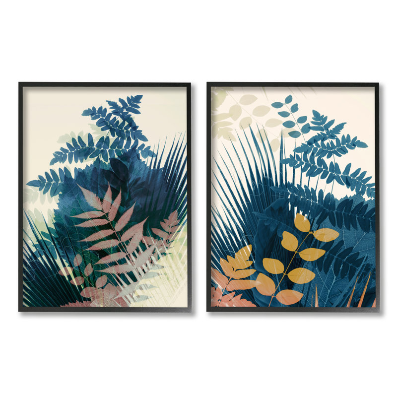 «Abstract Layered Forest Ferns Tropical Blue Beige Tones» par Ian Winistanley - ensemble de 2 impressions d'art graphique