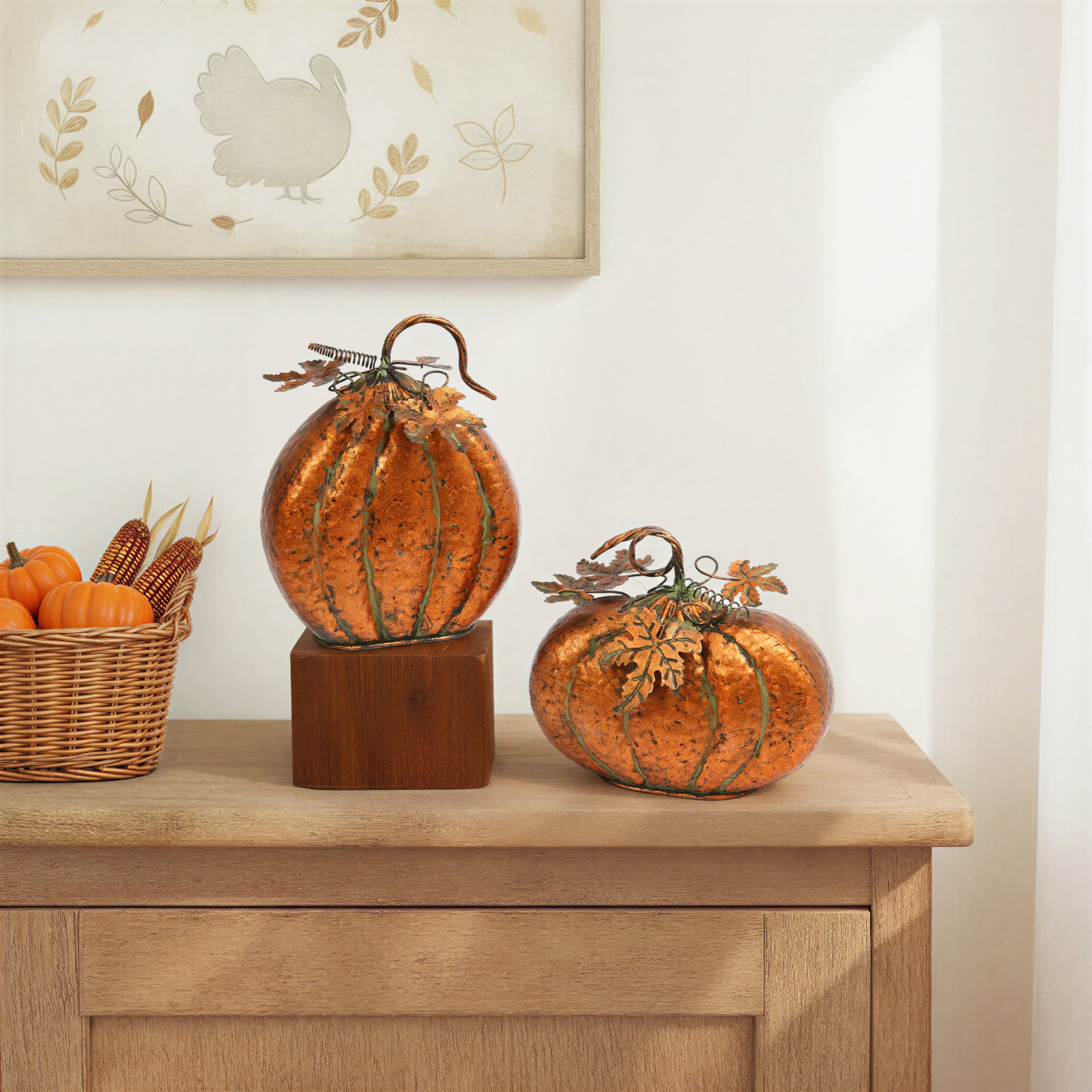 Set Of 2 Assorted Metal Harvest Tabletop Pumpkins With Leaf Accents