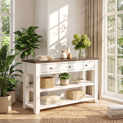 Table console à 3 tiroirs en pin massif Power Growth, dimensions : 124 cm (L) x 40 cm (P) x 76 cm (H).