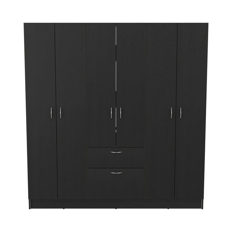 Armoire à six portes Mitu, sept tablettes intérieures, un tiroir, tringle noire / blanche