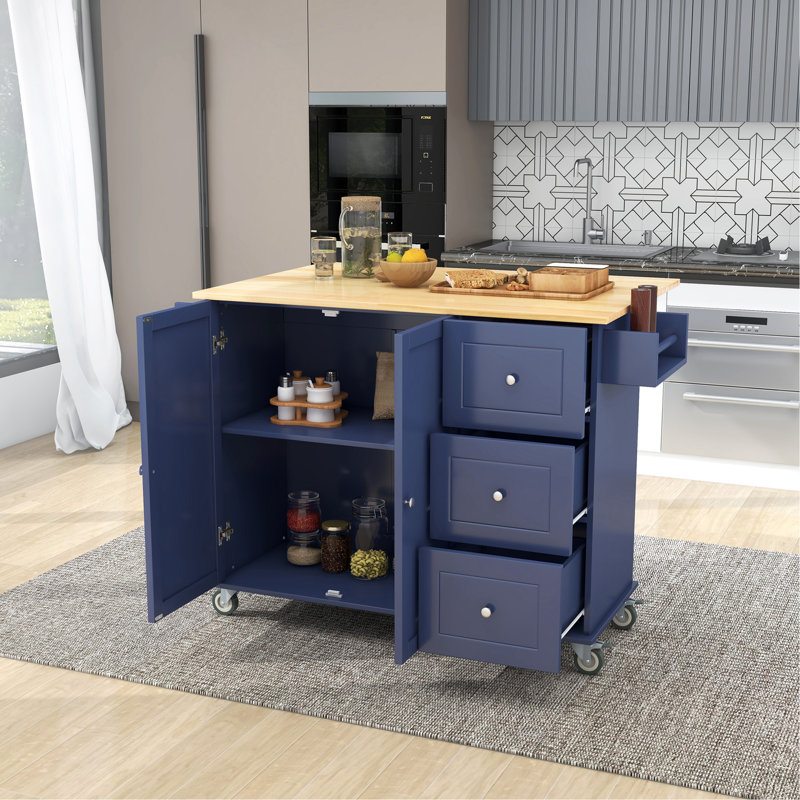Îlot de cuisine en bois massif Winnick, Bleu