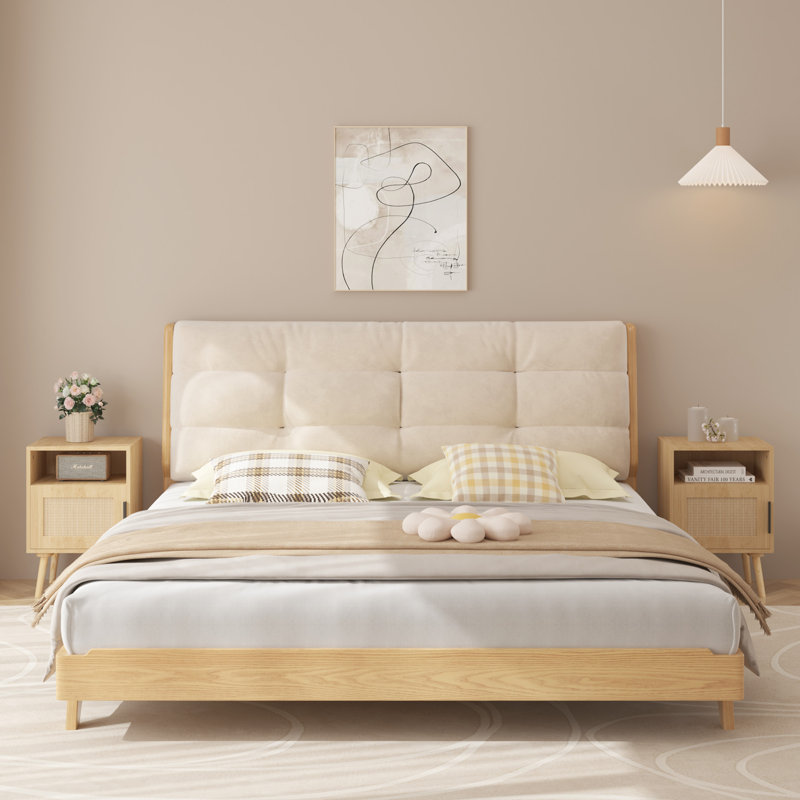 Rattan Nightstand, Side Table With Door Open Shelf, Accent Bedside End Table With Solid Wood Legs