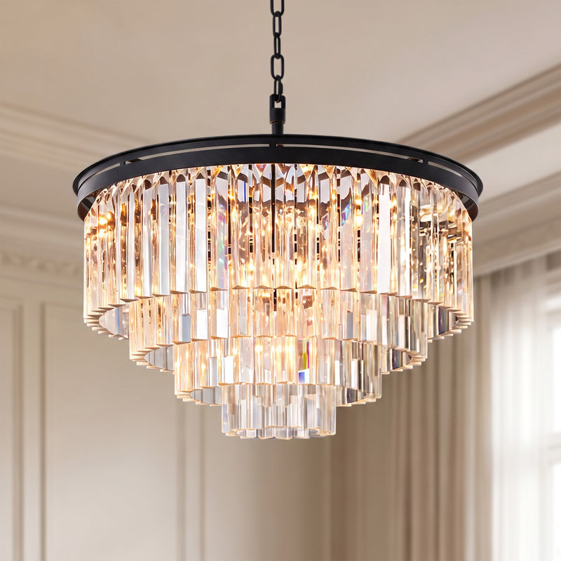 Lustre rond en cristal 13 lumières 27 po, H 16,5 po x l 27 po x P 27 po, Noir mat, 13 lumières