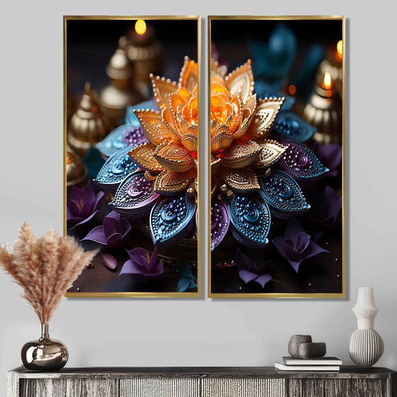 Hindouisme vibrant mandala - ensemble de 2 décorations murales de l'hindouisme spirituel, 20" H x 24" W, Gold