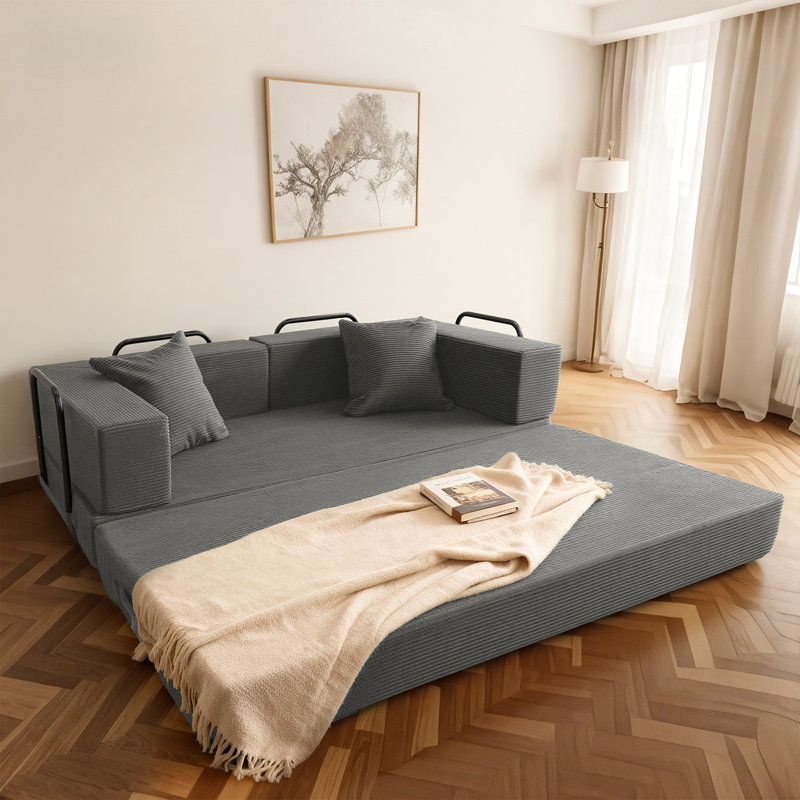 Boneless 82" Convertible Sofa Bed, Compression Foam Couch with 4 Fixed Shelves & 2 Storage Bags, Modular Pull-Out Couch with High-Resilience Foam, Corduroy Folding Sofa Bed for Living Room, Bedroom