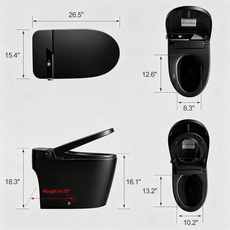 Toilette allongée intelligente sans réservoir avec bidet, chasse double automatique 1,1 / 1,28 gallon par chasse d'eau, siège chauffant, laveuse / sécheuse chaude, chasse au pied, veilleuse, fermeture douce, télécommande