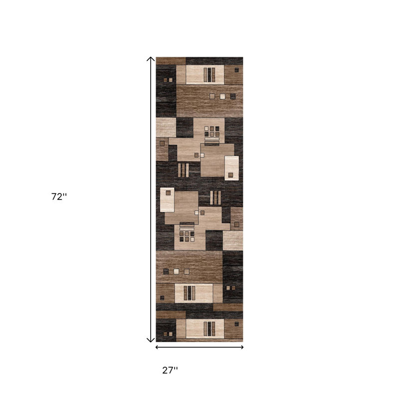 6' Brown And Beige Geometric Runner Rug