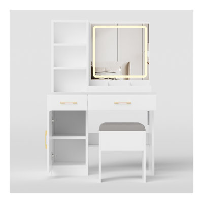 Bureau de maquillage avec miroir et lumières, coiffeuse blanche avec prise de courant et 3 modes d'éclairage, ensemble de coiffeuse avec tiroirs d'armoire et tabouret de rangement pour la chambre