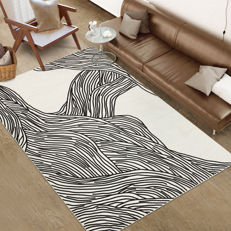 Washable Indoor Modern Abstract Area Rug Soft Low Pile Contemporary Throw Carpet Mat for Home Decor_White Black