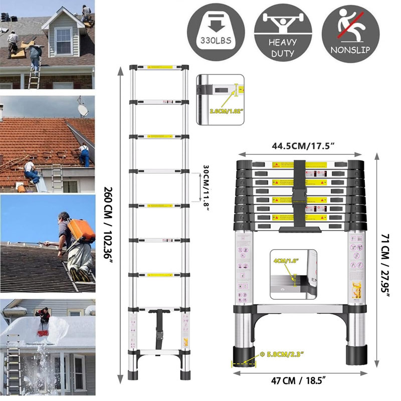 Telescopic Ladder Extendable Ladder 2.6M/8.53FT Stainless Steel Thickened High-Ladders extendable with Non-Slip Feet and Detachable Hooks