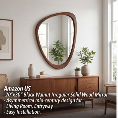 Irregular Solid Wood Wall Mirror, 20 x 30 Inches, Black Walnut Finish – Decorative Framed Mirror for Bathroom, Bedroom, Living Room, Entryway