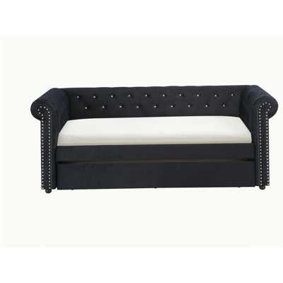 Luxurious 1pc Modern Aesthetic Beautifully Button Tufted Nailhead Trim Design Daybed Built-in pull-out Trundle Bed Living Space Guest Room Bedroom Black Twin