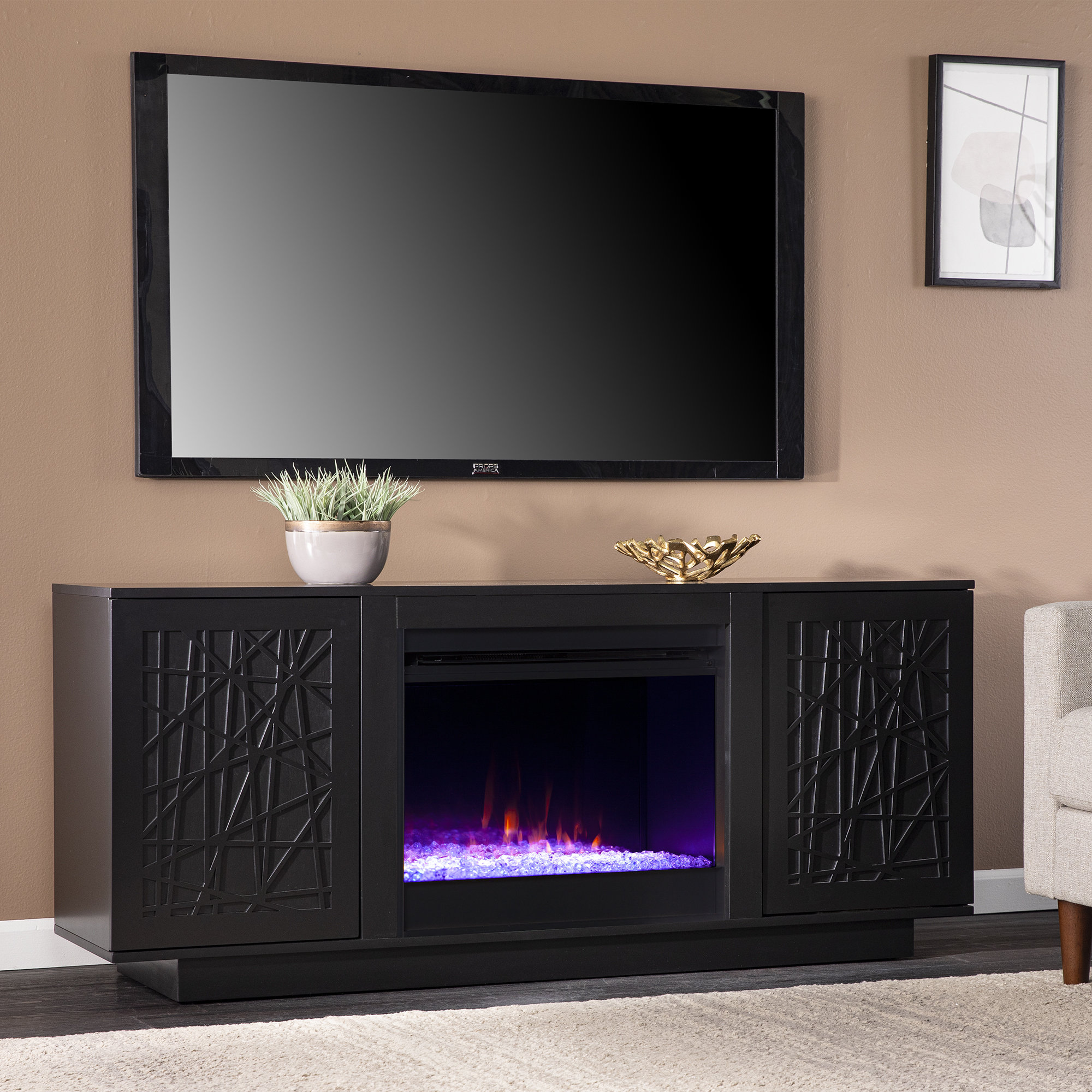 Tv stand with store color changing fireplace