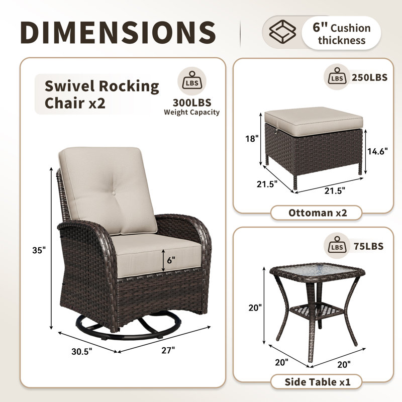 Ensemble de patio pivotant en rotin 5 pièces avec table d'appoint et repose-pieds de rangement Holoman, fauteuils inclinables en osier avec coussins