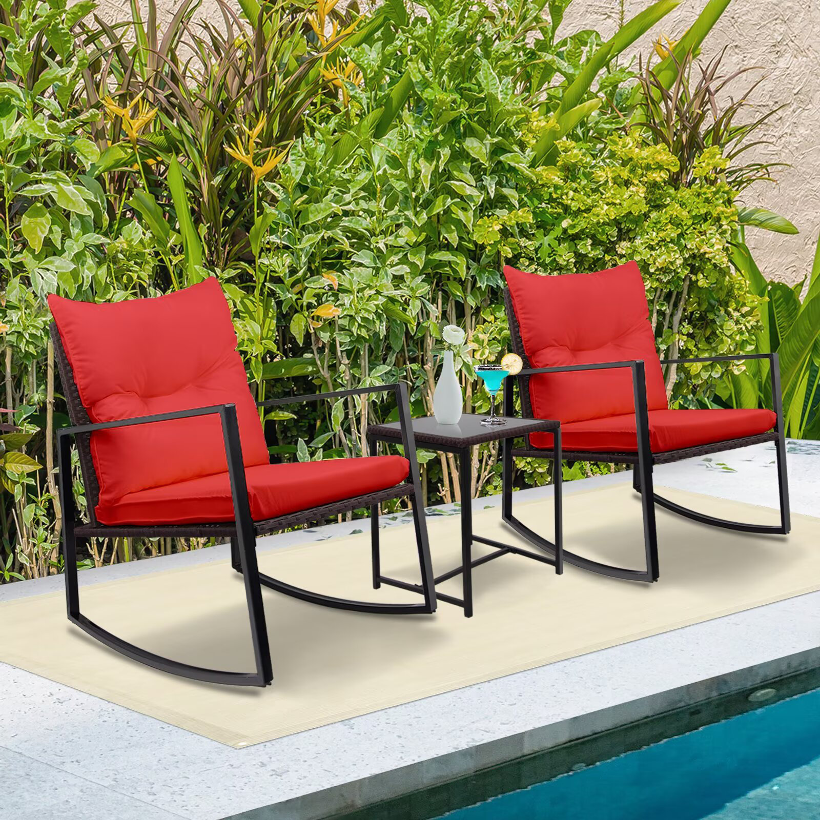 Ebern Designs Patio Rocking Set Ourdoor Wicker Bistro Chairs - Red ...