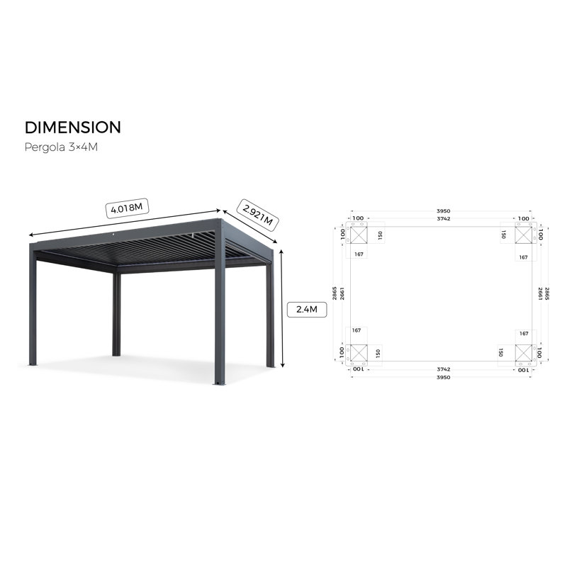 3m x 3m Aluminum Pergola, 240cm H x 400cm W x 300cm D