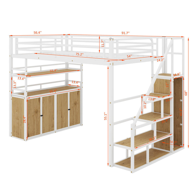 Lit mezzanine double en métal avec escalier de rangement et garde-robe, Blanc