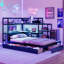 Lit de jour simple avec bureau, lumière DEL, 3 tiroirs de rangement et station de charge, bibliothèque tête de lit, noir et bleu-125615024