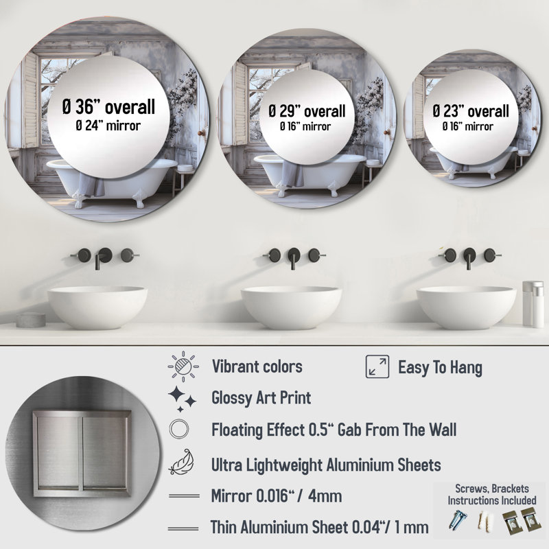 Sayhan Farmhouse Bathroom Charm II - grand miroir de blanchisserie, miroir mural rond gris, impression d'art en métal