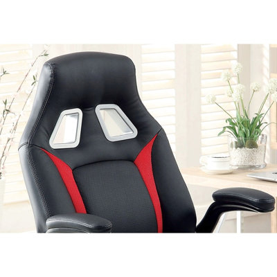 Fauteuil de bureau confortable - noir, détails rouges, hauteur de siège réglable, base de jeu en métal moderne et roues, rembourré, dossier, structure, accents argentés