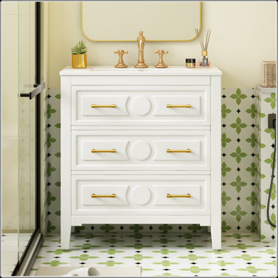 Meuble-lavabo de 30 po avec lavabo en céramique, ensemble autoportant avec 3 tiroirs, cadre en bois massif pour un rangement élégant
