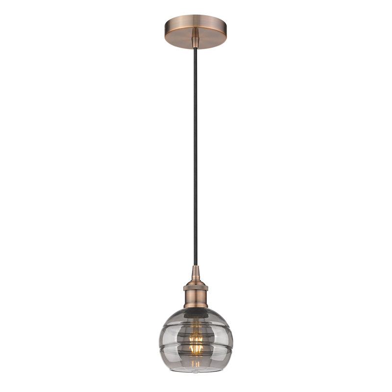 Luminaire suspendu 1 lumière Edison Bienes-616-G556, Gris fumée clair, H 7,88 po x l 5,88 po x P 5,88 po, Cuivre antique
