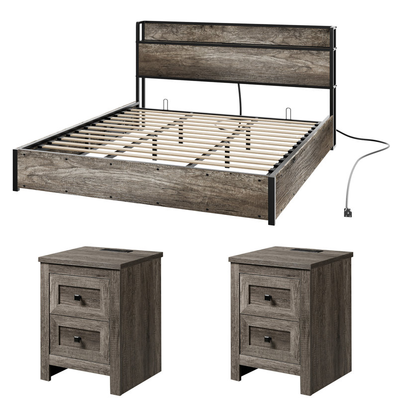 Ensemble de chambre à coucher pour très grand lit rustique et campagnard 3 pièces Tryston, gris, Très grand lit, Gris