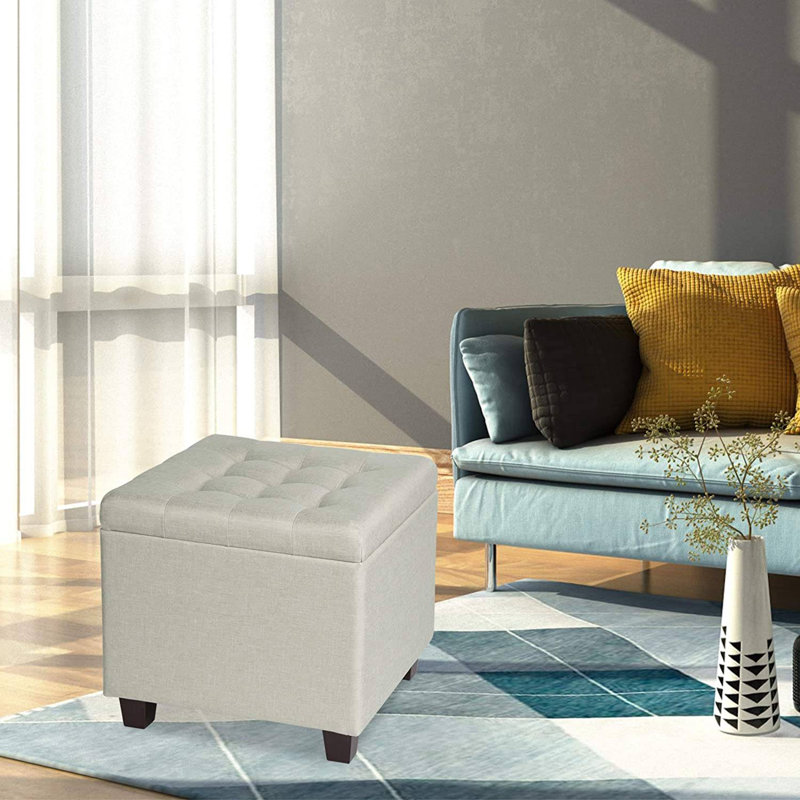 Ethelee 45cm Wide Tufted Square Solid Colour Ottoman with Storage, Cream