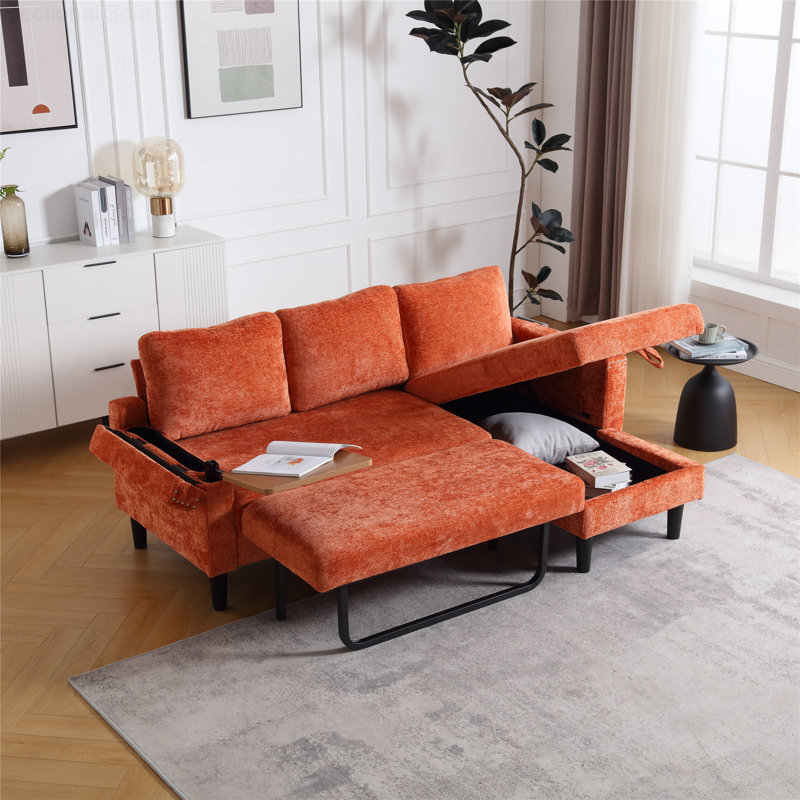 Munos Sectional Sofa Reversible Sectional Sleeper Sectional Sofa with Storage Chaise, Orange Chenille