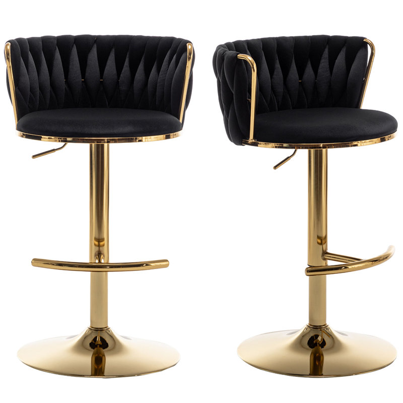 Velvet Bar Stools Set Of 2, Counter Height Bar Chairs With Low Back, Gold Swivel Bar Stools For Kitchen Island, Bar Pub, Gold