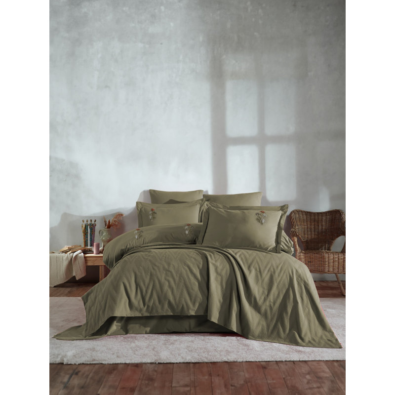 Ensemble de couvre-lit double élégant, kaki | Housse de lit 100% coton jacquard, housse de courtepointe 78,7 po x 86,6 po, drap plat 94,5 po x 86,6 po, 2 taies d'oreiller 19,7 po x 27,6 po | Lavable à la machine, confort luxueux