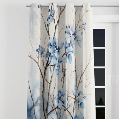 Blue And Grey Leave On Branch - Leaves Grommet Curtain - Velvet Room Darkening - 1 panel