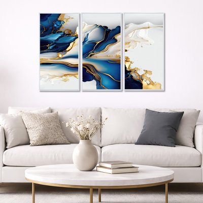 Géode abstraite dorée et bleue forme de marbre III - impression moderne sur toile 3 pièces