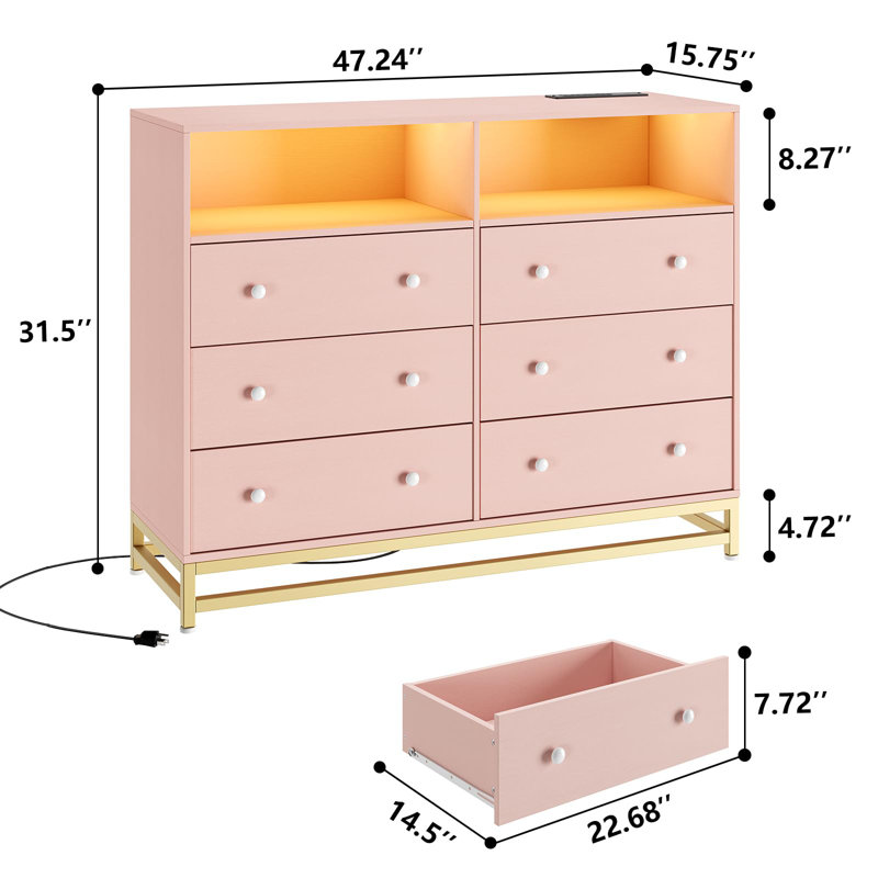 Commode 6 tiroirs avec lumière DEL, Rose