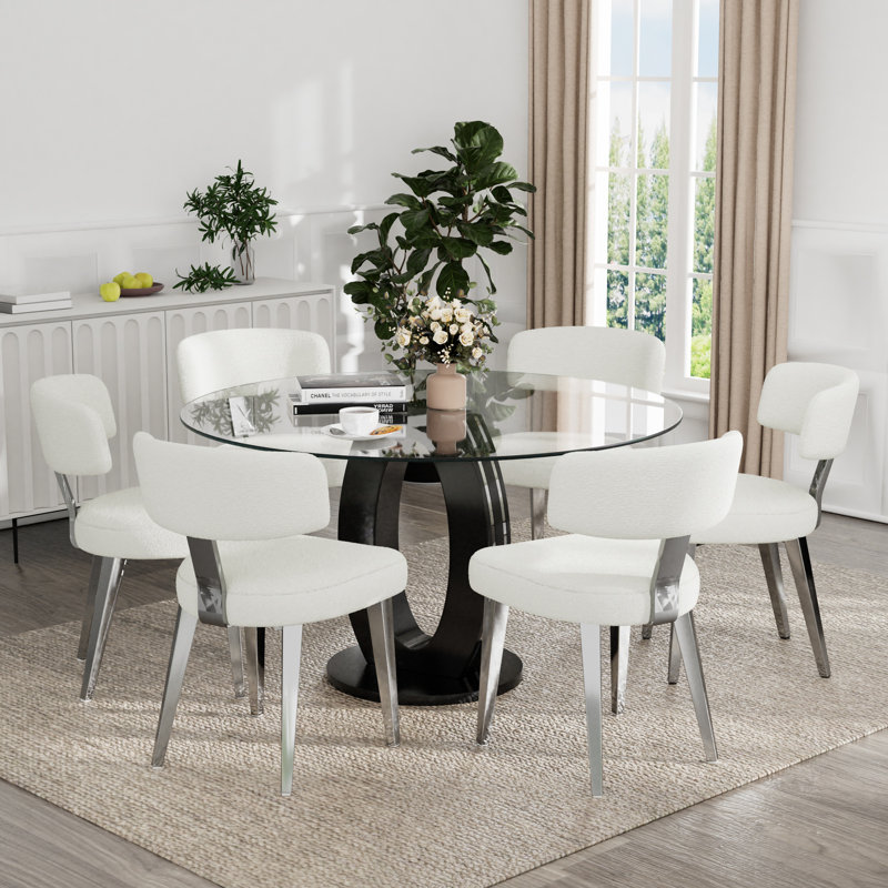 Ensemble de salle à manger à piédestal, table de salle à manger ronde 47 po et chaises Teddy, 7, Noir / blanc