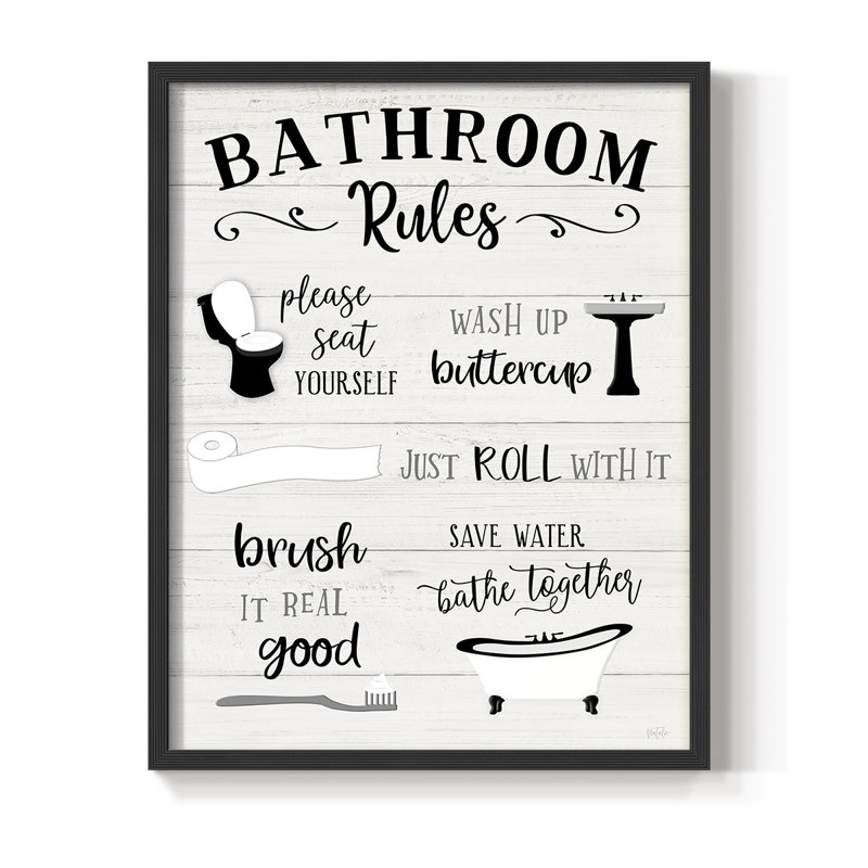 «Rules of the Bathroom», reproduction encadrée - bois massif, Noir, noir, noir, noir, H 21 po x l 17 po