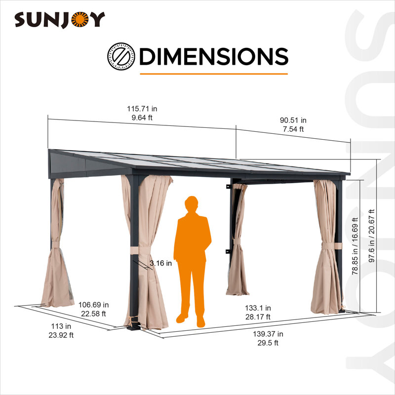 Sunjoy 10 x 12 ft Wall Mounted Gazebo with Polycarbonate Roof, Black Aluminum & Metal Frame Lean to Gazebo with Curtains and Netting