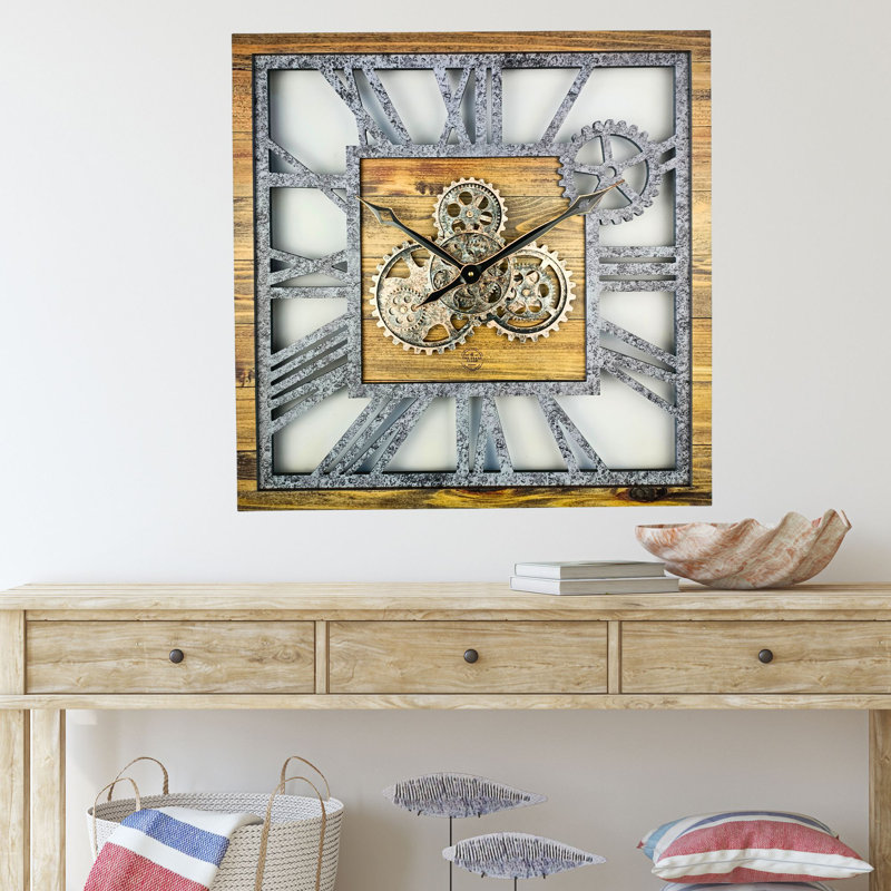 Oversized Square Wood and Stone Gear Wall Clock