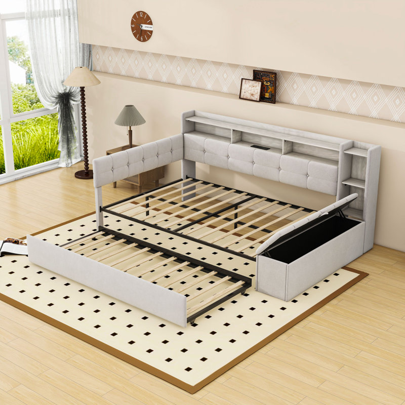 Upholstered Daybed with Trundle, Charging Station and LED, Beige, Full