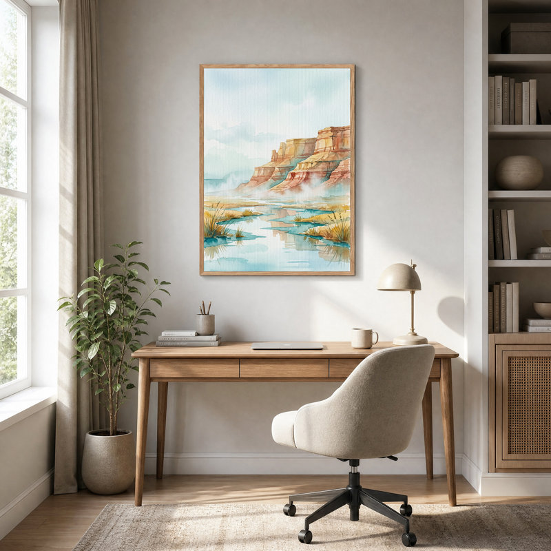 «Watercolor Canyon Cliff Over Teal River», art mural sur toile, H 36 po x l 24 po