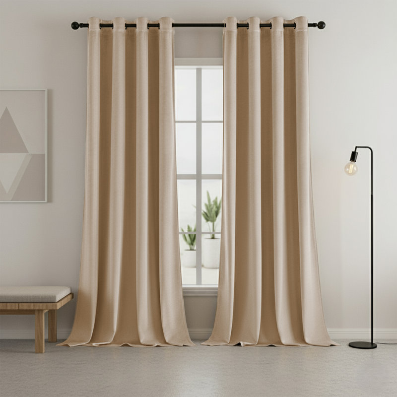 Heavy Velvet Blackout Curtains with Eyelet Rings – Thermal Insulated Drapes, Beige, 228cm Width x 228cm Drop