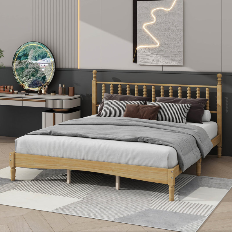 Base de lit en très grand lit en bois avec tête de lit d'inspiration gourde, lit plateforme antique, Très grand lit