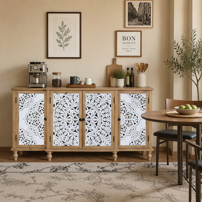 Armoire d'appoint à 4 portes sculptées en creux avec tablettes réglables