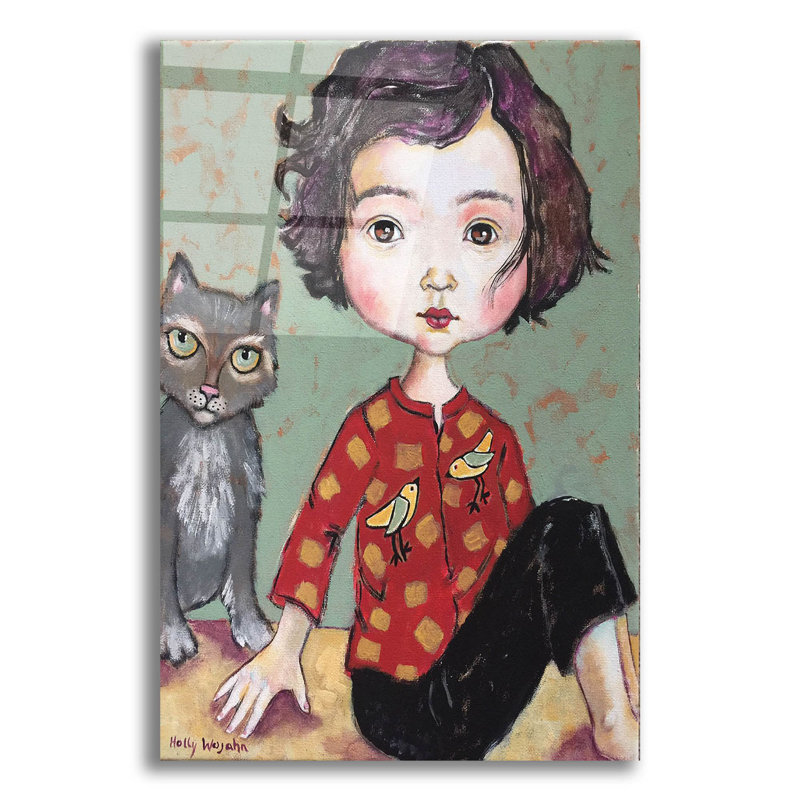«Girl with Cat» par Holly Wojhan, art mural en verre acrylique, H 24 po x l 16 po x P 0,2 po