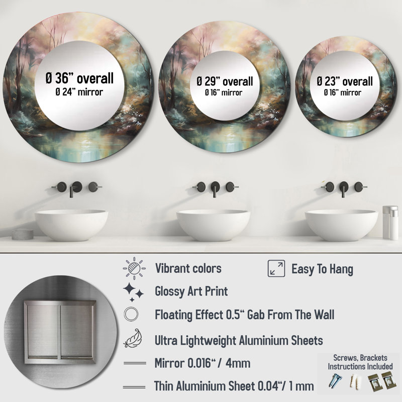Rafat Whimsical Stream - Mountains Large Mirror, Beige Round Decorative Wall Mirror, Printed Metal Art, 29" x 29"
