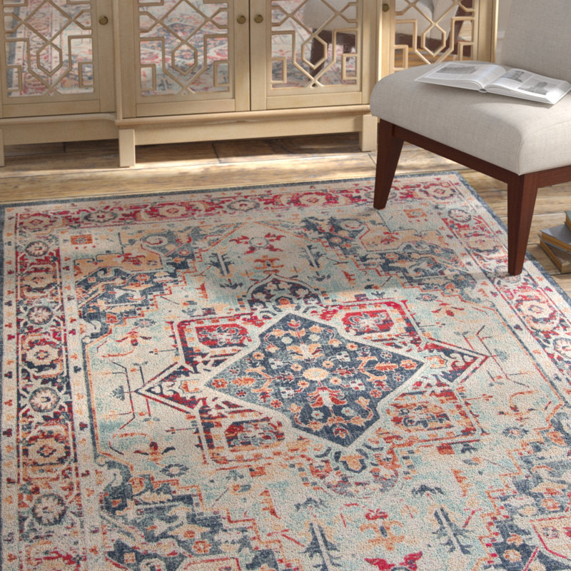 Doucet 300 Pes/Cotton/Pp/Latex Oriental Rug in Navy/Aqua, Rectangle 5' x 7'